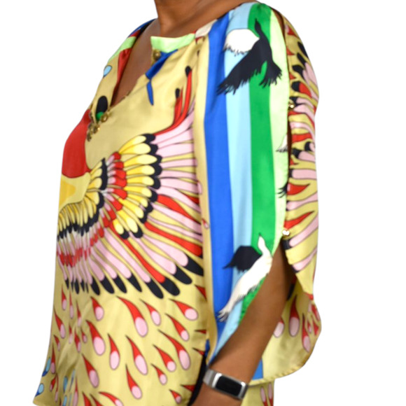 TIBI Silk Print Tunic Yellow Colorful Peacock Jeweled Studs Blue Cutouts Birds 6 - Picture 10 of 16